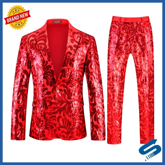 Men's Sequin Suit Set Slim Fit Floral Tuxedo Blazer Pants Wedding Party
